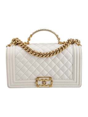 CHANEL White Quilted Lambskin Leather CC Chain Top Handle Mini Flap Bag